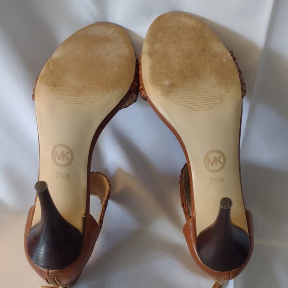 Michael Kors rear zipper brown weave open toe 3" heels, size 7.5M - Picture 3 of 4